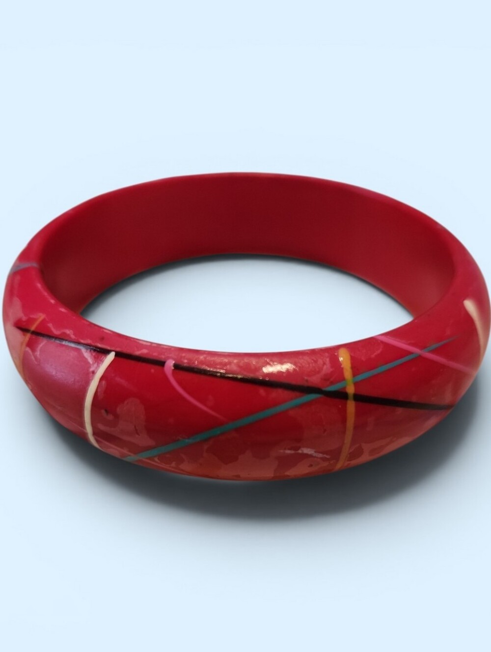 Vintage Red Lucite Bangle Bracelet Painted Abstract 80s Statement